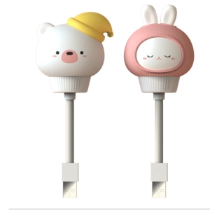 LED-Nachtlichter mit USB-Anschluss in Form eines rosa Kaninchens auf der rechten Seite und eines gelben Bären auf der linken Seite