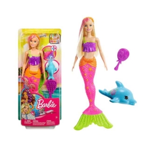 Barbie Dreamtopia Meerjungfrau für Mädchen, in einer Box mit einem Spiegel und einem kleinen blauen Delphin.