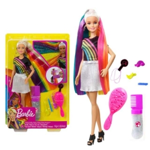Barbiepuppe für Mädchen mit regenbogenfarbenem Haar, die einen weißen Rock trägt, in einer Schachtel