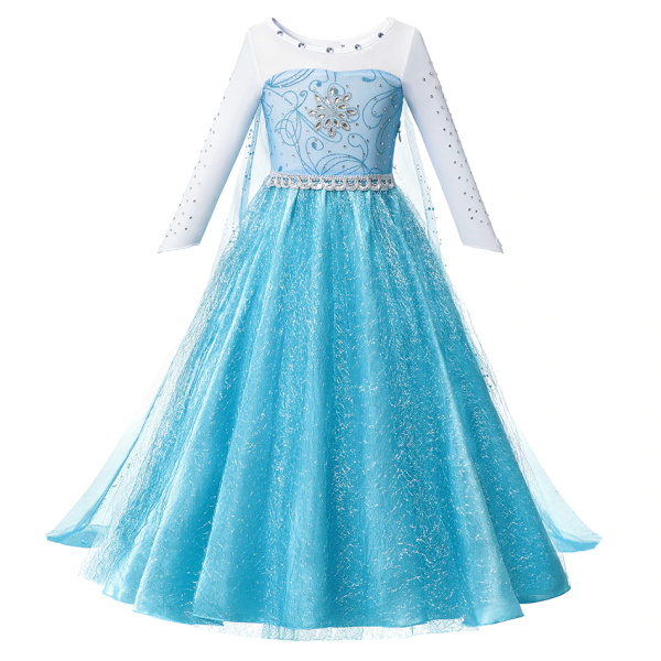 Blaues, langärmeliges Prinzessinenkleid der Schneekönigin mit Paillettendetails