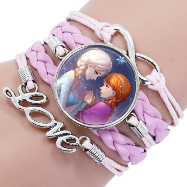Breites, rosafarbenes Disney-Prinzessinnen-Armband Anna und Elsa, das am Handgelenk getragen wird