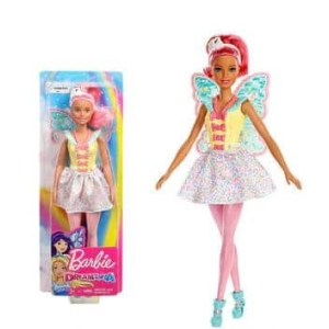 Fee Barbiepuppe für Mädchen, die ein weißes Kleid und einen blauen Stiefel trägt