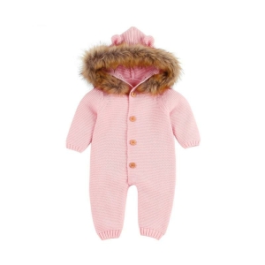 Rosafarbener Langarm-Pilotenoverall für Mädchen mit Pelzkapuze