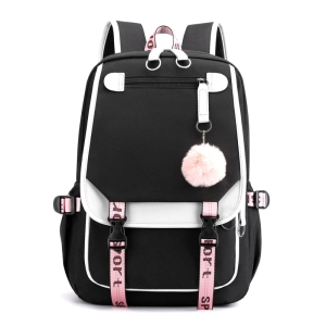 Modischer Rucksack in den Farben schwarz, weiß, rosa mit Schlüsselanhänger für Mädchen