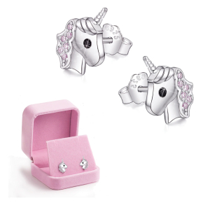 Rosafarbene und silberne Einhorn-Ohrringe für Mädchen mit einer rosafarbenen Box