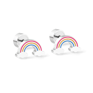 Ein Paar Ohrringe auf weißem Hintergrund in Form eines Regenbogens