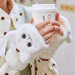 Warme und weiche weiße und braune Handschuhe für Mädchen mit Katzenmotiv