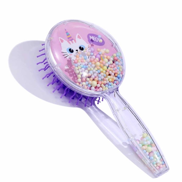 Haarbürste mit Katzenmotiv für Mädchen, Farbe transparent lila mit Katzenmotiv. Gute Qualität und sehr modisch.