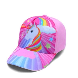 Sommermütze mit Einhorn-Motiv für Mädchen in rosa Farben.