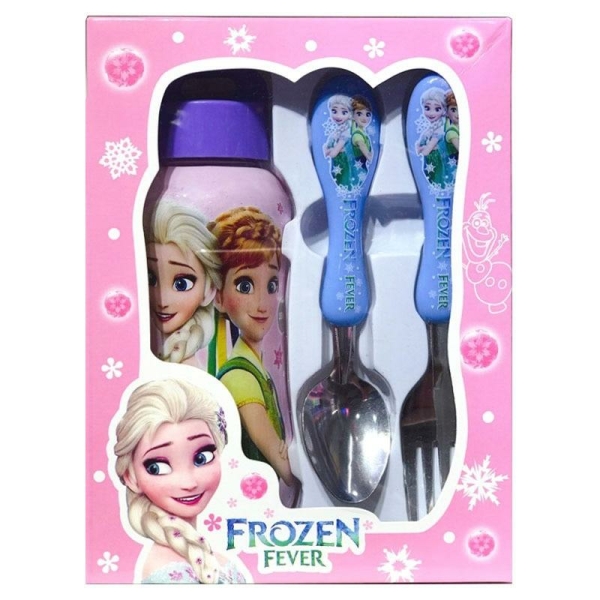Ein komplettes Geschirrset der Schneekönigin für Mädchen in einer rosafarbenen Box.