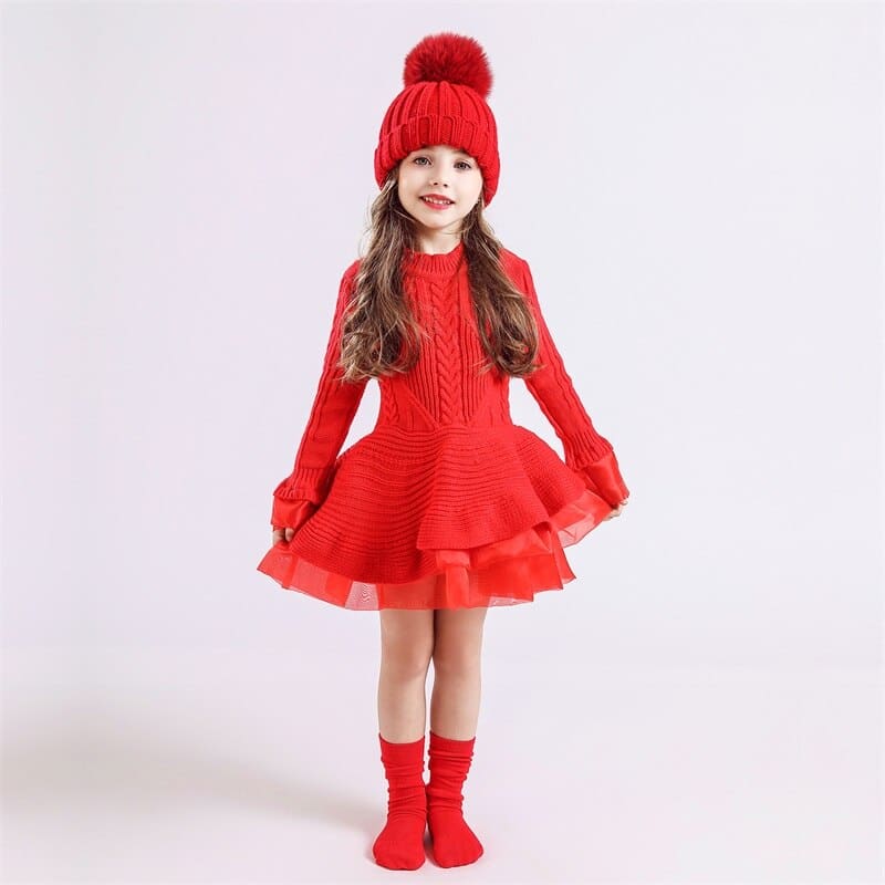 Modisches rotes Winterkleid mit langen Ärmeln für Mädchen