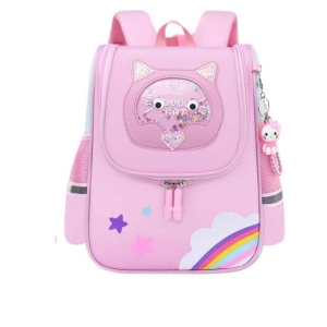 Rosafarbener Rucksack mit Katzenmotiv für Mädchen, mit Regenbogen- und Sternendetails
