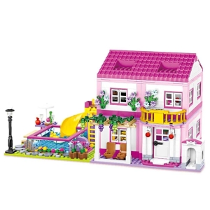 Set von Bauklötzen für Mädchen Haus mit Garten. Farben: rosa, gelb und blau