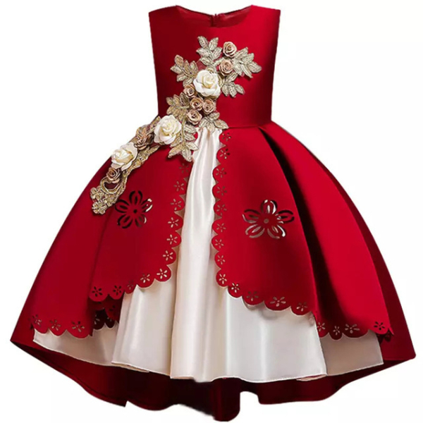 Prinzessinnenkleid mit gestickten Blumen für Mädchen in Rot und Weiß