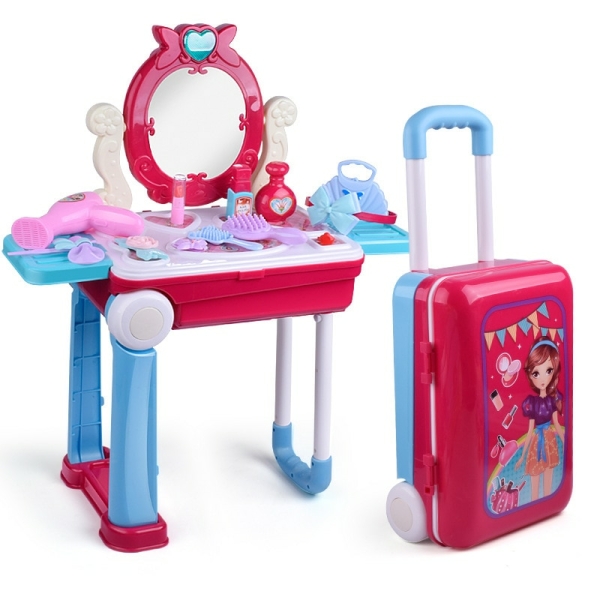 Schminktisch für kleine Mädchen, rot und weiß mit blauen Füßen und Spiegel, und ein passender Reisekoffer