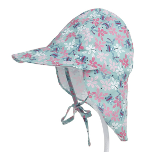 Blaue Mütze mit Blumenmuster für Babys mit Nackenband und Kordel zum Befestigen