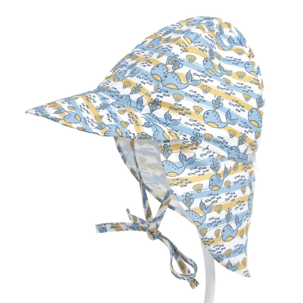 Blaue Mütze für Babys mit Nackenklappe und Kordel zum Befestigen