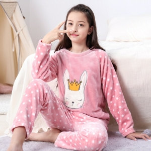 Warmer Fleece-Pyjama mit Hasenmotiv und Krone für Mädchen in modischem Rosa