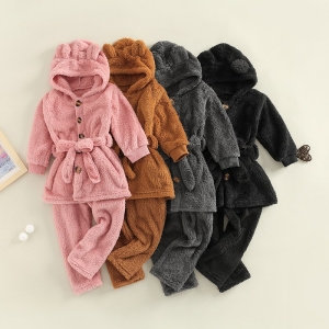 Fleece-Pyjama mit Kapuze, Bärenohren und Gürtel für Mädchen in verschiedenen modischen Farben