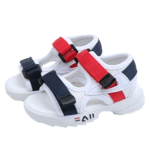 Weiße Sandale mit flexibler Sohle und rot-schwarzen Klettverschlüssen