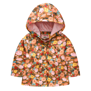 Braune Mädchen-Daunenjacke mit Kapuze und Blumenmuster