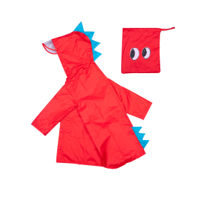 Regenmantel für Mädchen in Rot mit einem blauen Kamm und einer kleinen Tasche mit Augen