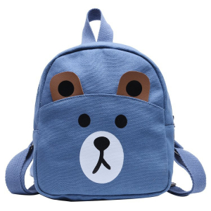 Ein blauer Rucksack mit einem niedlichen Teddybärgesicht für Mädchen. Das Tiergesicht ist in den Farben weiß und braun gehalten. Der Rucksack hat einen Hüftgurt oben und zwei Schultergurte auf der Rückseite.