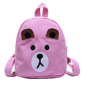 Ein rosa Rucksack mit einem niedlichen Teddybär-Gesicht für Mädchen. Das Tiergesicht ist in den Farben weiß und braun gehalten. Der Rucksack hat einen Hüftgurt oben und zwei Schultergurte auf der Rückseite.