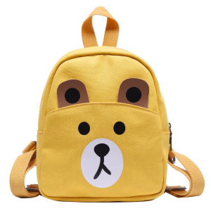 Ein gelber Rucksack mit einem niedlichen Teddybärgesicht für Mädchen. Das Tiergesicht ist in den Farben weiß und braun gehalten. Der Rucksack hat einen Hüftgurt oben und zwei Schultergurte auf der Rückseite.