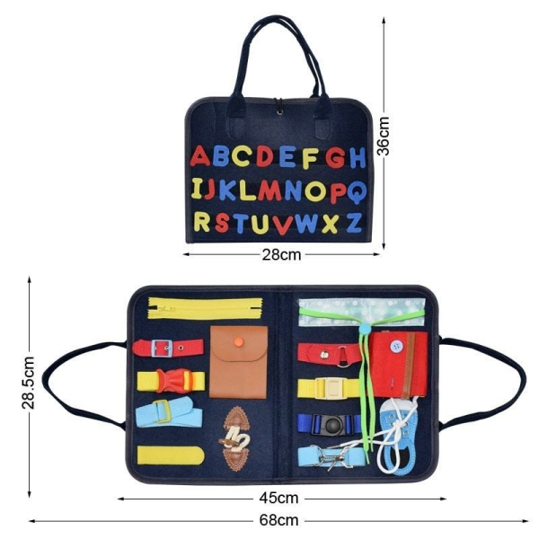 Koffer, um zu lernen, wie man Schnürsenkel bindet, einen Reißverschluss öffnet, einen Knopf schließt und öffnet, einen Druckknopf, einen Clip, einen Gürtel bindet, ein Band festzieht, mit dem Alphabet vorne