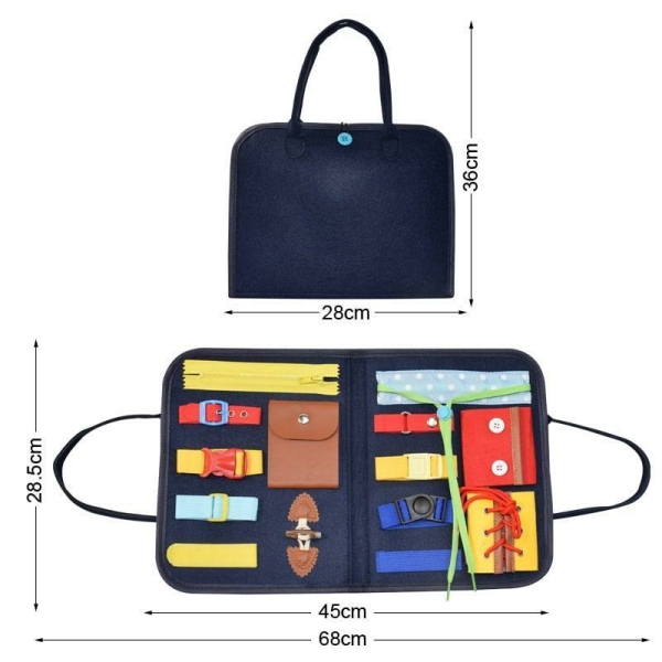 Koffer mit verschiedenen Alltagsgegenständen wie Knöpfe, Schnürsenkel, Clip, Karabinerhaken, Reißverschluss.