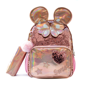 Kindergarten-Rucksack für Mädchen mit rosafarbenen Pailletten, Fliege und Ohren