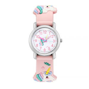 Pastellfarbene Einhorn-Armbanduhr für rosafarbene Mädchen mit weißem Hintergrund