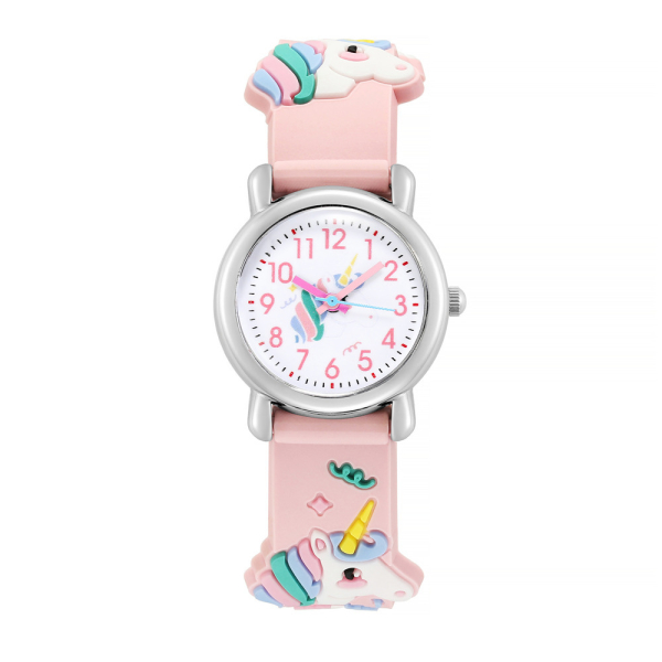 88892-1evn5p.jpg Pastellfarbene Einhorn-Armbanduhr für rosafarbene Mädchen mit weißem Hintergrund
