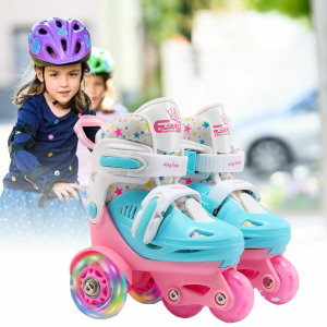 Einstellbare Inline-Skates für Mädchen mit einem Hintergrund eines kleinen Mädchens, das Schlittschuh läuft