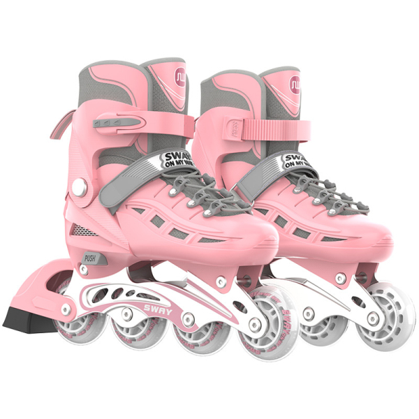 Verstellbare Rollerblades mit grauen Details für Mädchen mit weißem Hintergrund
