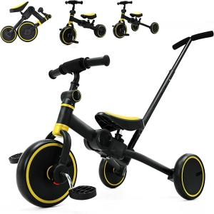 Schwarzes und gelbes Dreirad im Profil, darüber 3 Miniaturen dieses Dreirads in verschiedenen Positionen