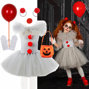 Halloween-Kostüm Gruseliger Clown für Mädchen mit einem Hintergrund mit einem Mädchen, das das Kostüm trägt