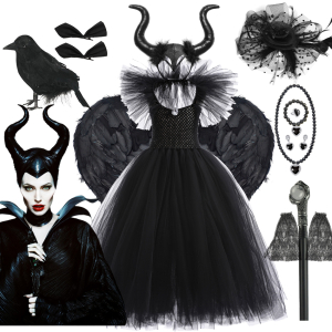 Maleficent-Kostüm für Mädchen aus schwarzem Tüll mit einem weißen Hintergrund und dem Bild der Maleficent daneben