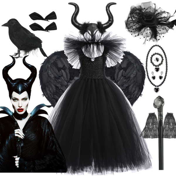 96491-9ge1sw.jpg Maleficent-Kostüm für Mädchen aus schwarzem Tüll mit einem weißen Hintergrund und dem Bild der Maleficent daneben