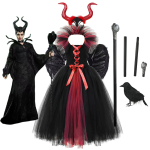 Rot-schwarzes Malefiz-Kostüm für Mädchen mit weißem Hintergrund und dem Bild des Disney-Bösewichts