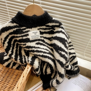 Schwarz-weißer Zebrapullover, Stehkragen auf einem Bügel, vor einem Fenster stehend
