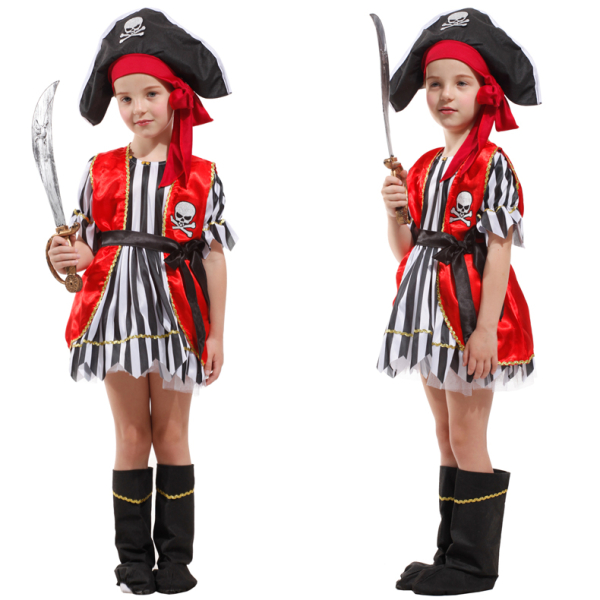Kostüm kleine Piratin gestreiftes Kleid für Mädchen mit einem weißen Hintergrund