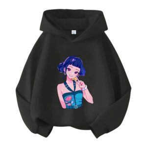 Kinder-Sweatshirt K-pop Demon Hunters Zoey für Mädchen auf der Vorderseite. Das Sweatshirt ist schwarz und mit Kapuze. Auf weißem Hintergrund.