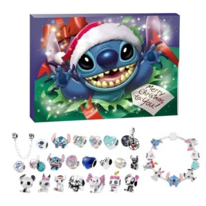 Adventskalender Stitch Armband Pandora-Stil zum Personalisieren. Die Schachtel mit dem Abbild von Stitch mit einer Weihnachtsmütze und darunter die Anhänger und das Armband. Auf weißem Hintergrund.