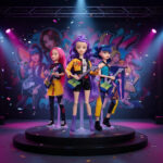 K-pop Demon Hunters Puppen für Mädchen im Barbie-Stil. Zoey Rumi und Mira auf einer runden Bühne mit Musikinstrumenten. Scheinwerfer in ihre Richtung. Im Hintergrund ein buntes Dekor, das sie darstellt.