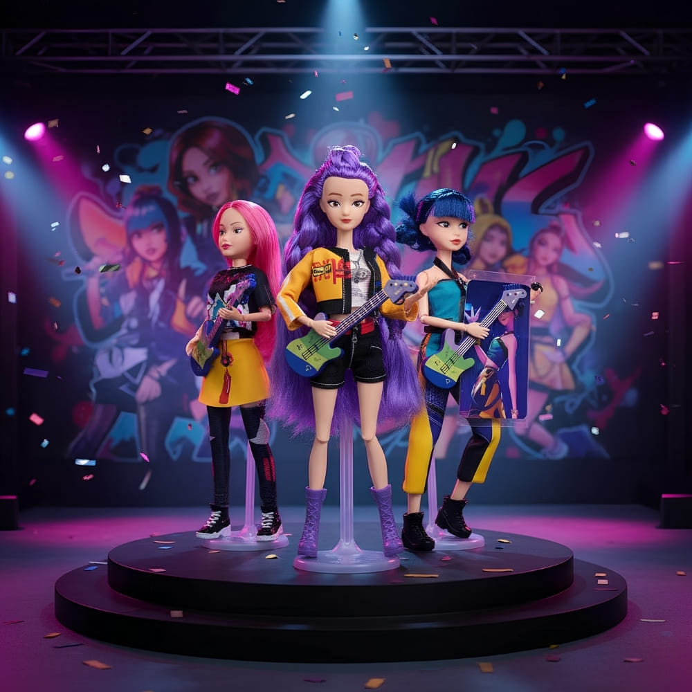 K-pop Demon Hunters Puppen für Mädchen im Barbie-Stil. Zoey Rumi und Mira auf einer runden Bühne mit Musikinstrumenten. Scheinwerfer in ihre Richtung. Im Hintergrund ein buntes Dekor, das sie darstellt.