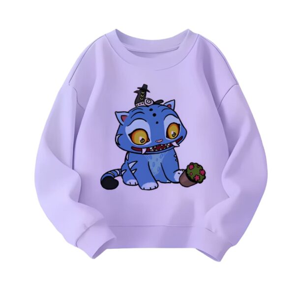 Sweatshirt für Mädchen K-pop Demon Hunters violett mit dem blauen Tiger auf weißem Hintergrund.