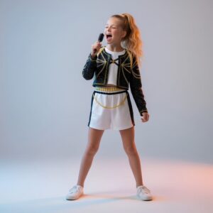 Kinder-Kostüm Rumi K-pop Demon Hunters getragen von einem Mädchen mit Pferdeschwanz auf grauem Hintergrund, von rechts beleuchtet. Das Outfit besteht aus einer Shorts mit schwarzen und goldenen Details, einem weißen Top und einer glitzernden schwarzen Jacke. Das Mädchen trägt eine Haarbürste als Mikrofon.