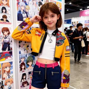 Jeune file brune cheveux au carré dans un salon manga, portant la tenue de Rumi de Demon Hunters avec une veste jaune un haut blanc et un short.